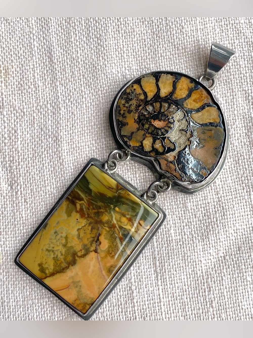 Vintage Mexico Sterling Silver Ammonite Jasper Pendant Brown Yellow Bezel Charm - Picture 4 of 7